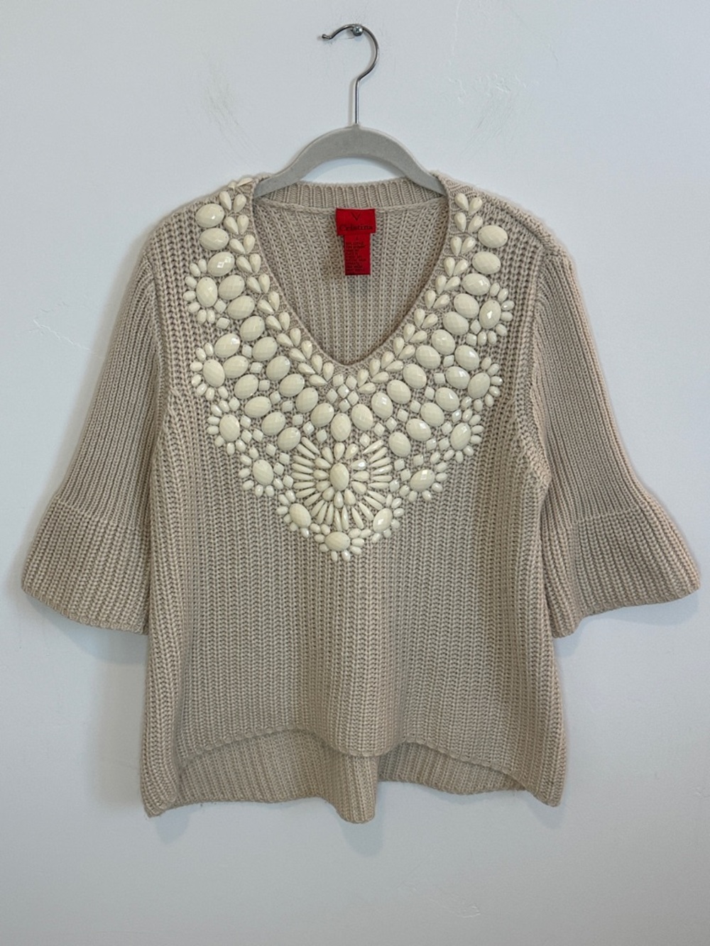 V Cristina Cream V-Neck Knit Sweater with Beaded Accent, Hi/Low hem, Size Small